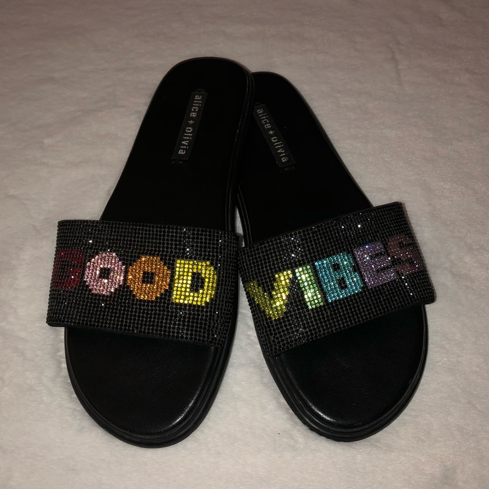 Alice + Olivia Good Vibes Leather Crystal Embellished Slides-Sandals Size-8.5